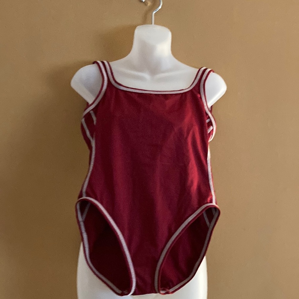 Vtg 90s Jag One Piece Maroon Swimsuit High Cut Keyhole Open Back USA. Size 6